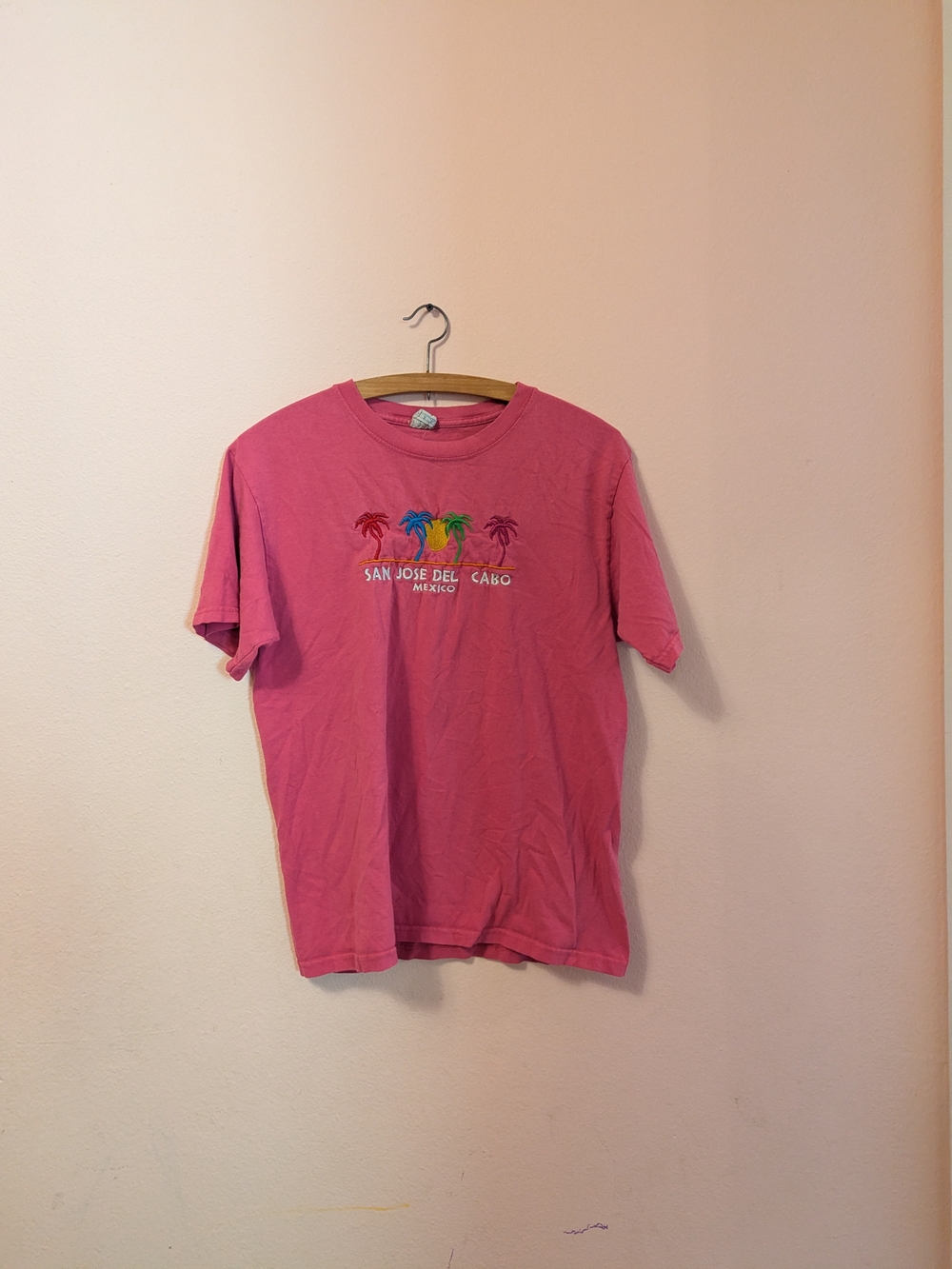 Pink Short-Sleeve Y2K Tourist Graphic Tee with Palm Tree Design - Women